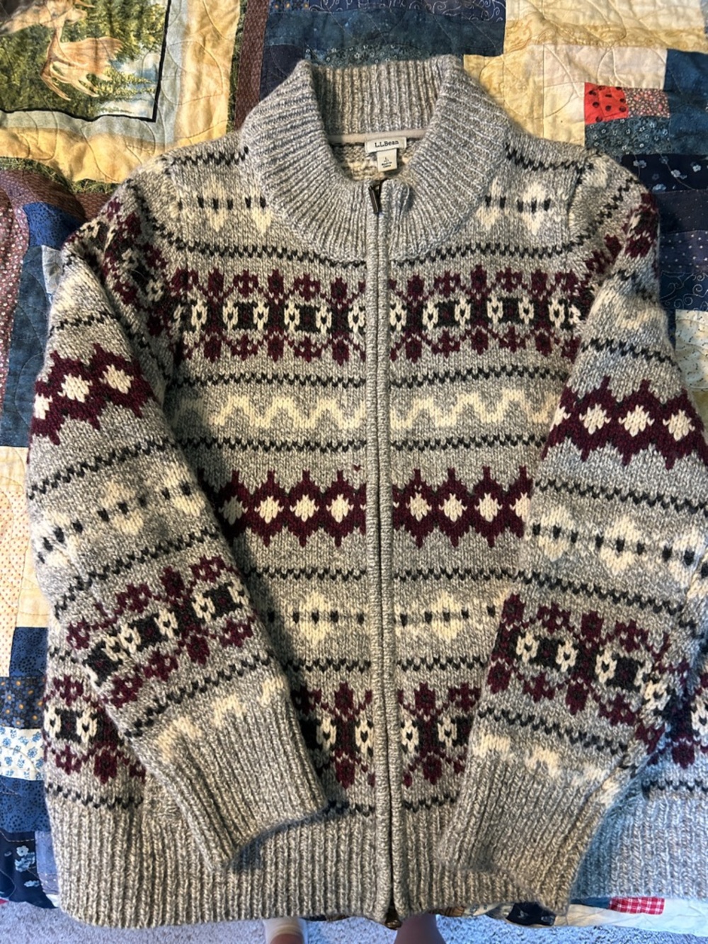 L.L. Bean Gray Fair Isle Zip-Up Wool Sweater with Burgundy Accents